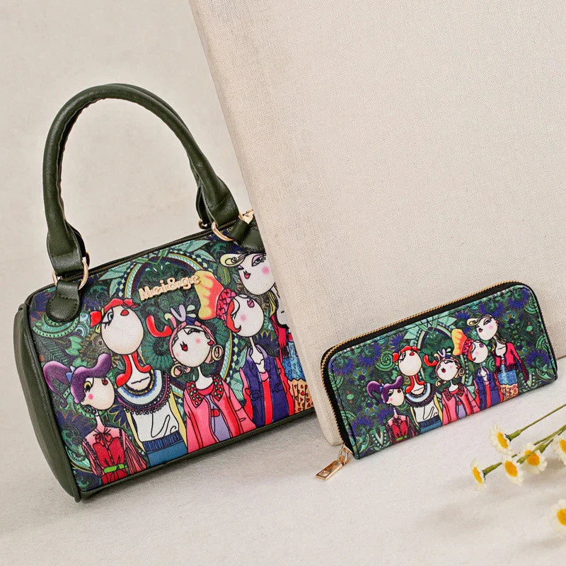 Green handbag and matching zip wallet featuring colorful cartoon women design on floral background