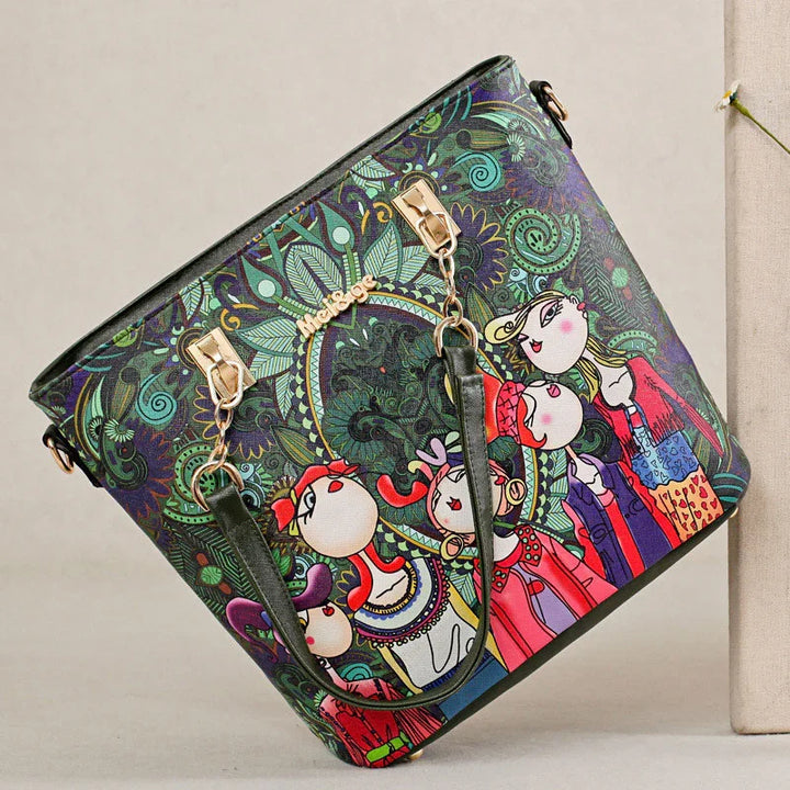 Colorful tote bag with cartoon women, intricate floral and paisley design, and gold accents