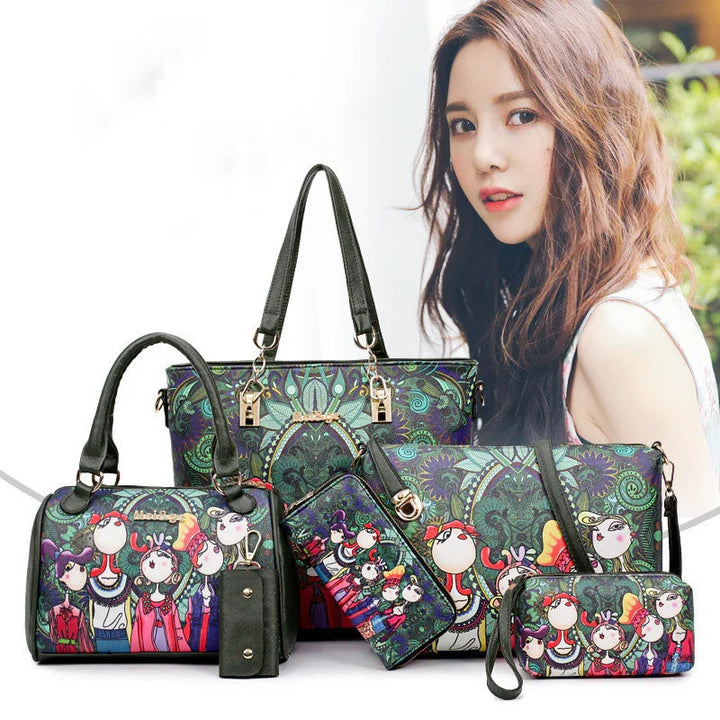 Fashionable colorful handbags, wallets with cartoon character prints displayed with a woman model