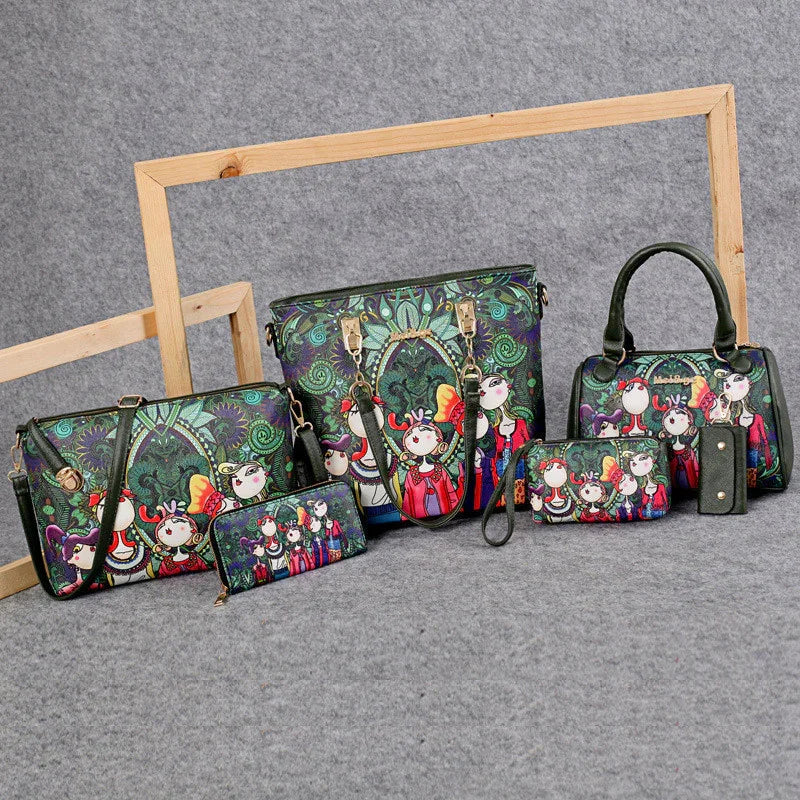 Colorful handbags, wallets, and key holder set with artistic cartoon woman design on gray fabric background