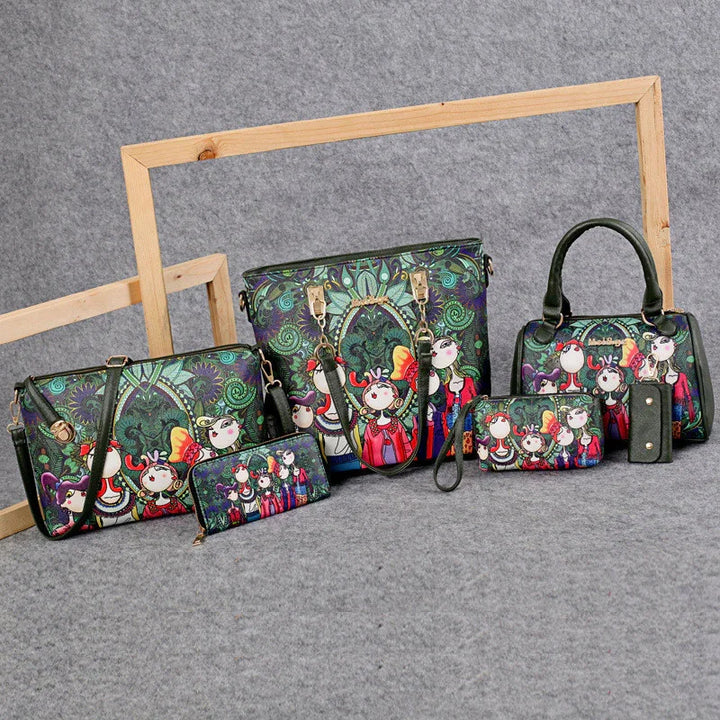 Colorful handbags, wallets, and key holder set with artistic cartoon woman design on gray fabric background