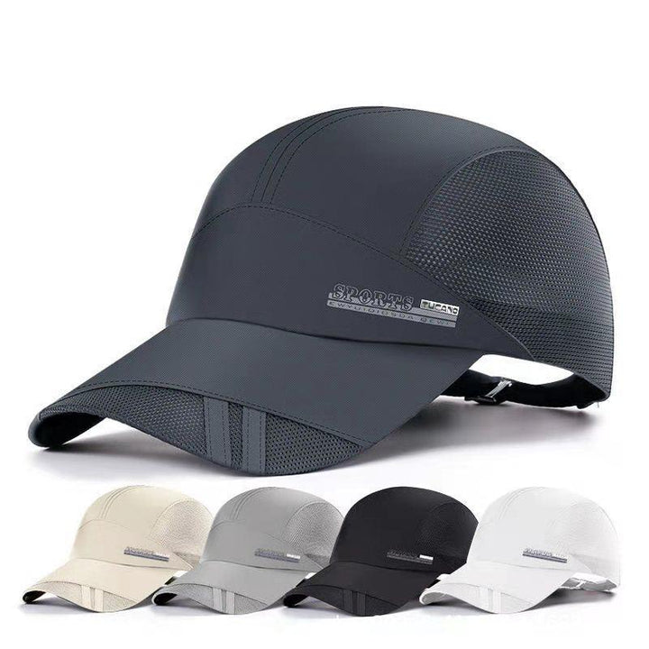Dark gray sports cap with mesh panels and adjustable strap, shown with beige, gray, black, and white color options