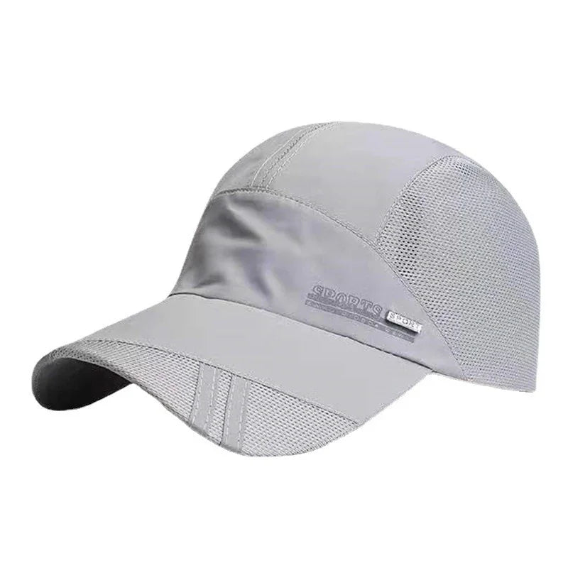 Light gray sports cap with mesh panels for breathability, curved brim, and subtle logo tag