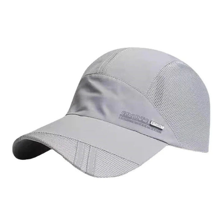 Light gray sports cap with mesh panels for breathability, curved brim, and subtle logo tag