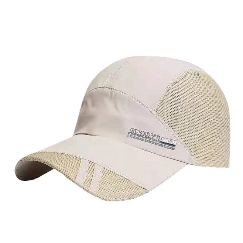 Beige sports cap with mesh panels and curved brim featuring two stripes