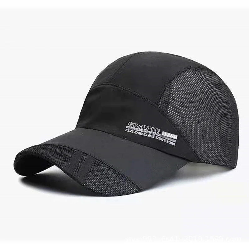 Black breathable sports cap with mesh panels and curved brim on white background