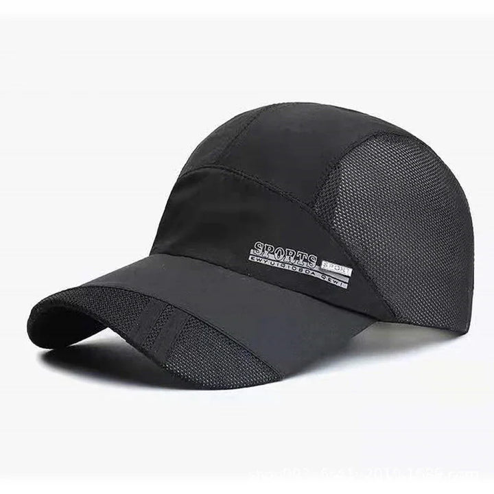 Black breathable sports cap with mesh panels and curved brim on white background