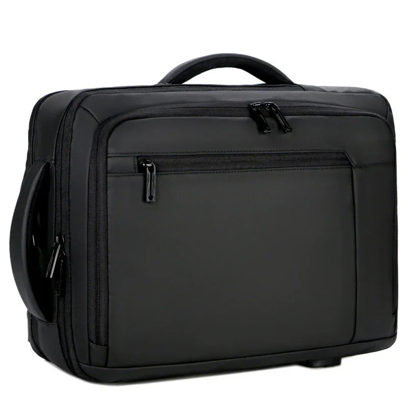 black business briefcase with multiple zippered compartments and padded handle