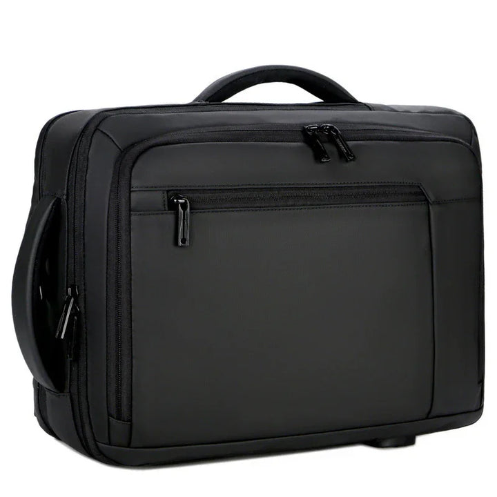 black business briefcase with multiple zippered compartments and padded handle