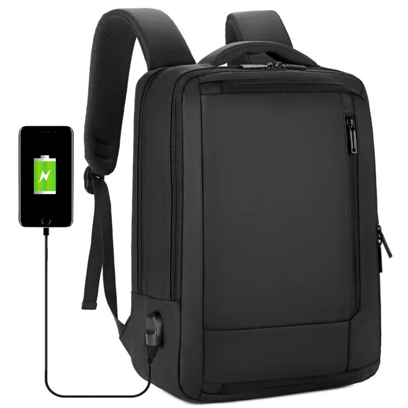 Black anti-theft backpack with USB charging port connected to a charging smartphone