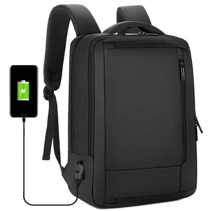 Black anti-theft backpack with USB charging port connected to a charging smartphone