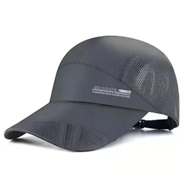 Dark gray lightweight mesh cap with adjustable strap and curved brim for outdoor sports