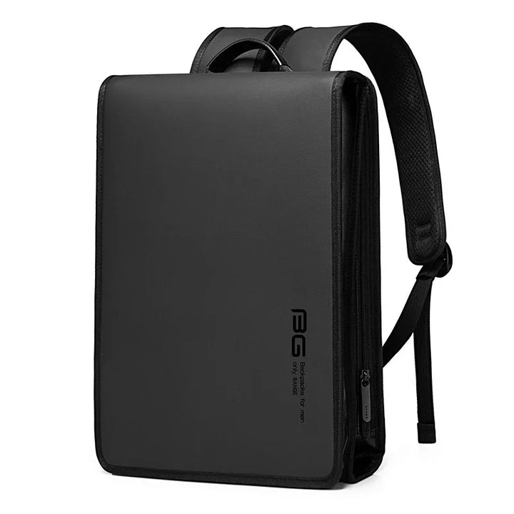 sleek black backpack with minimalist design and padded shoulder straps for men