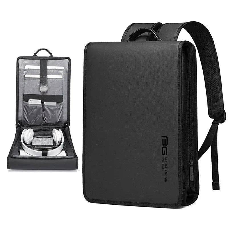 Sleek black vertical backpack for men with organized interior compartments and padded laptop sleeve