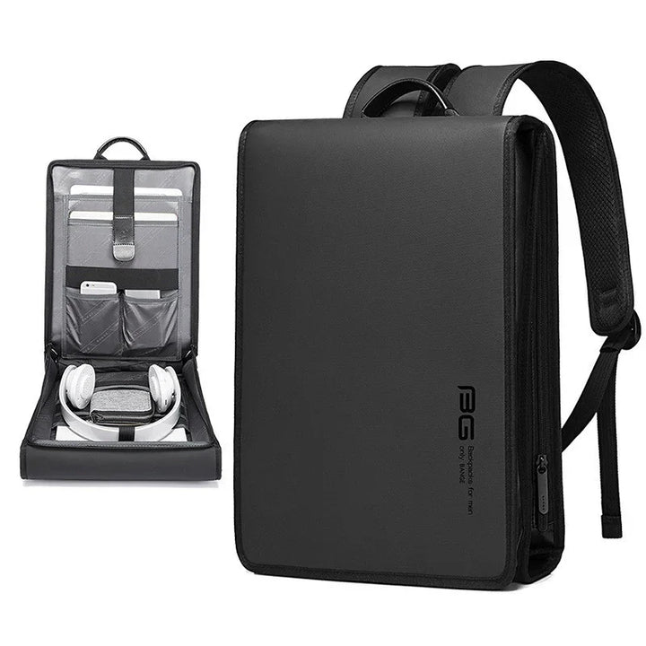 Sleek black vertical backpack for men with organized interior compartments and padded laptop sleeve