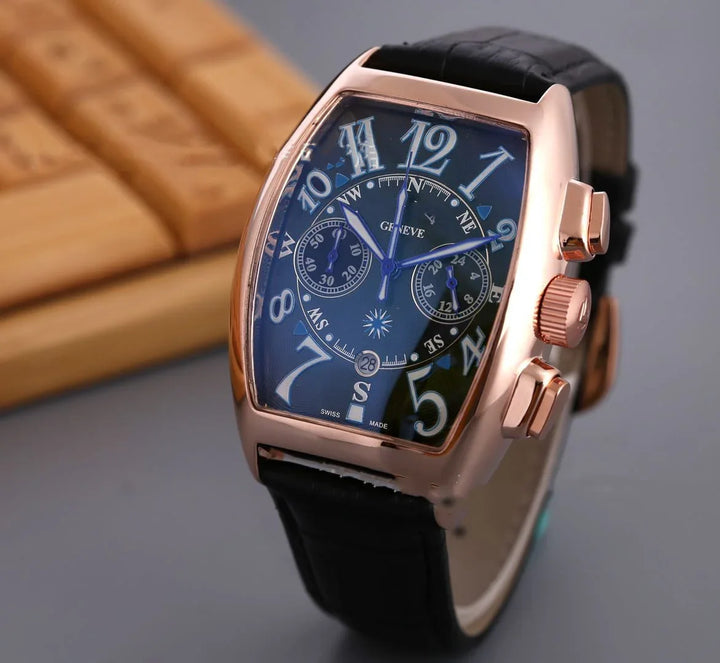 Luxury rose gold wristwatch with black leather strap and blue dial featuring large white numbers
