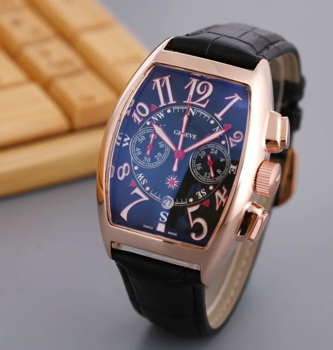 Rose gold Swiss made wristwatch with blue dial, black leather strap, and date display