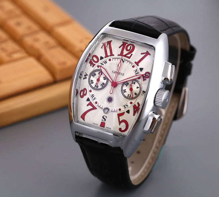 Swiss made Geneve wristwatch with silver case, black leather strap, and red numerals
