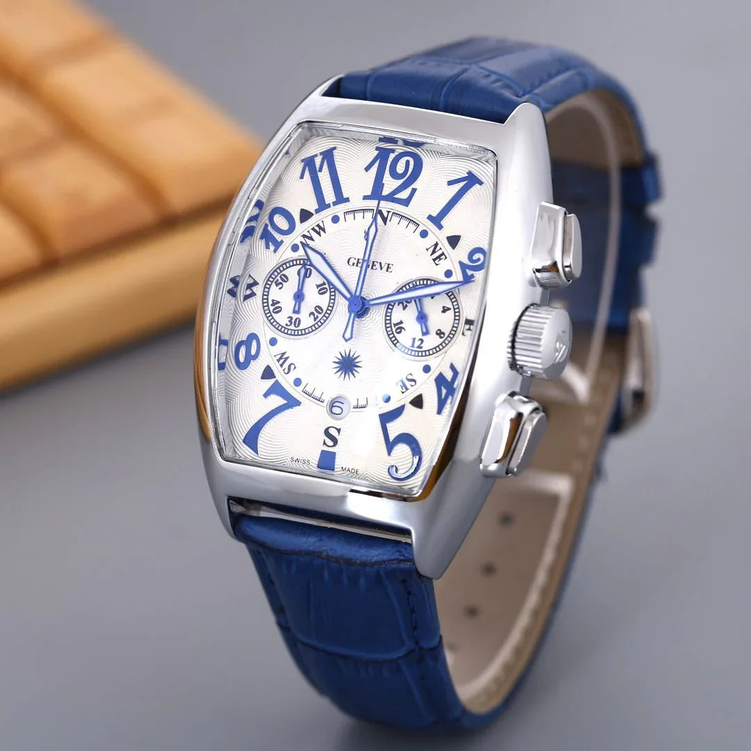 Silver wristwatch with blue leather strap, white dial, blue Arabic numerals, and chronograph subdials