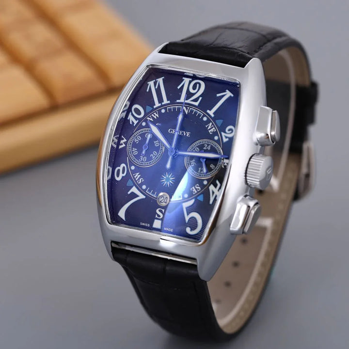 Elegant silver wristwatch with blue dial, black leather strap, and large white numerals