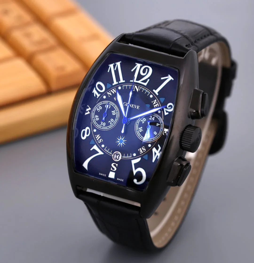 Black leather strap wristwatch with blue dial, large white numerals, and dual subdials