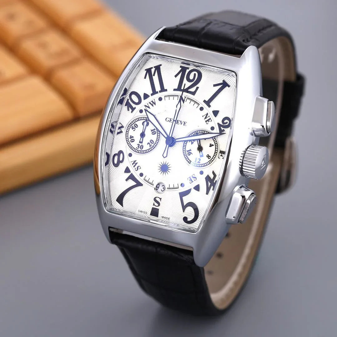 Silver Swiss-made wristwatch with white dial, black leather strap, and large black numerals