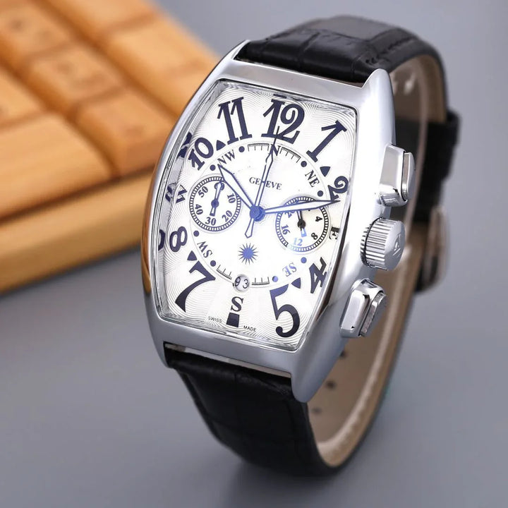 Silver Swiss-made wristwatch with white dial, black leather strap, and large black numerals