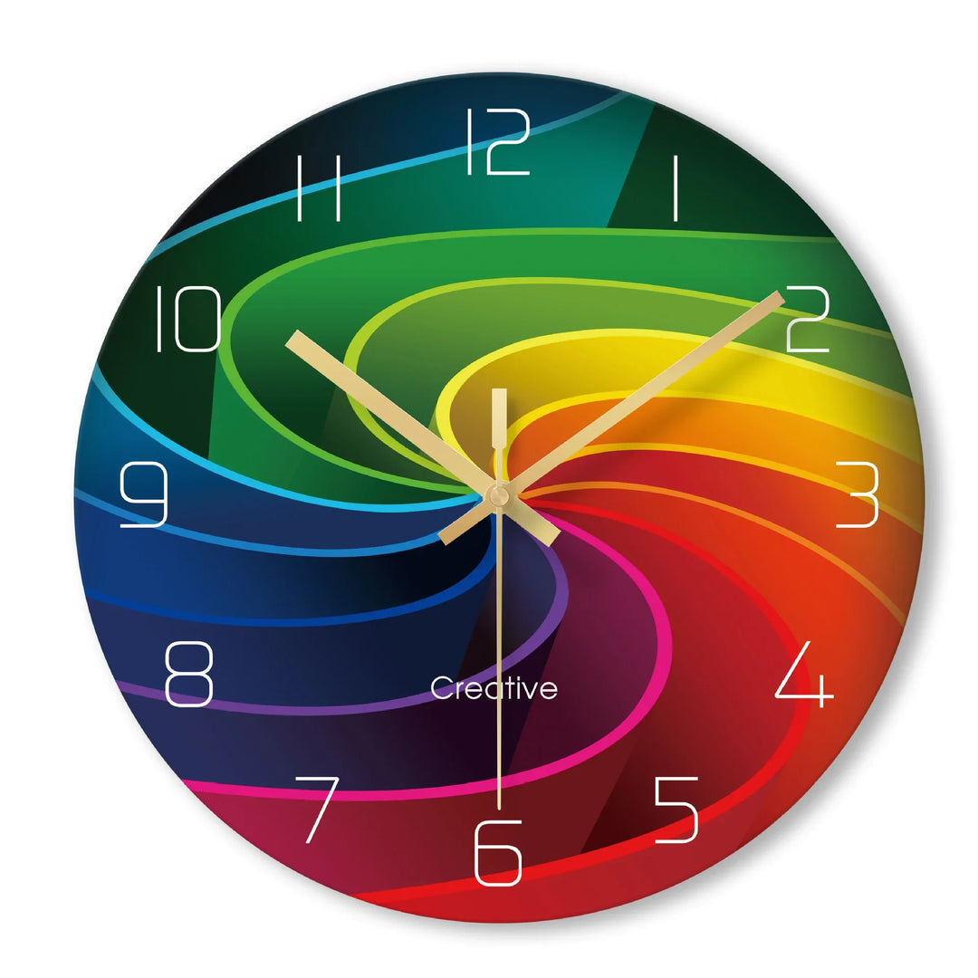 Round wall clock with colorful spiral design and gold hands, modern creative timepiece