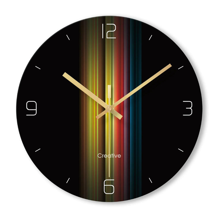 Modern round black wall clock with colorful vertical stripes and gold hands showing 10:10