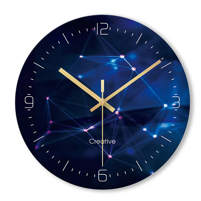 Modern wall clock with blue abstract network design and gold hands, labeled Creative