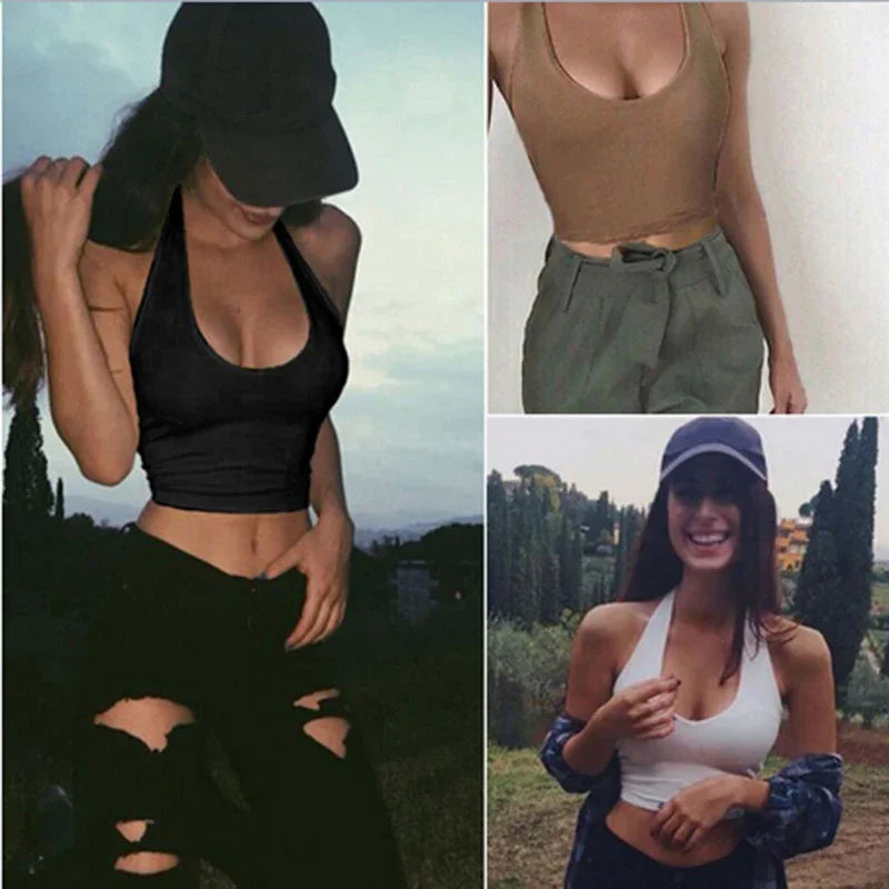 Women wearing stylish crop tops in various outdoor and indoor settings, featuring black, brown, and white tops paired with casual pants and accessories.