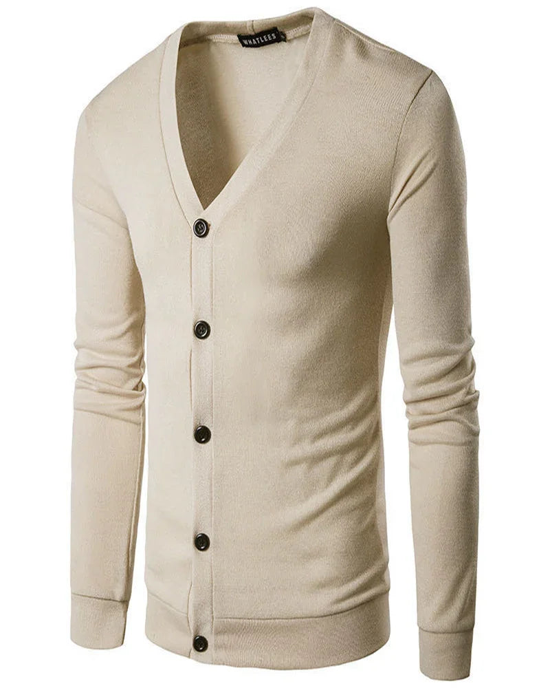 Beige men's long-sleeve buttoned V-neck cardigan sweater by Whatlees