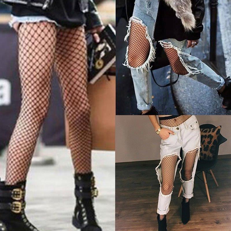 Fashion collage featuring fishnet tights, ripped jeans with fishnet inserts, and black buckle boots
