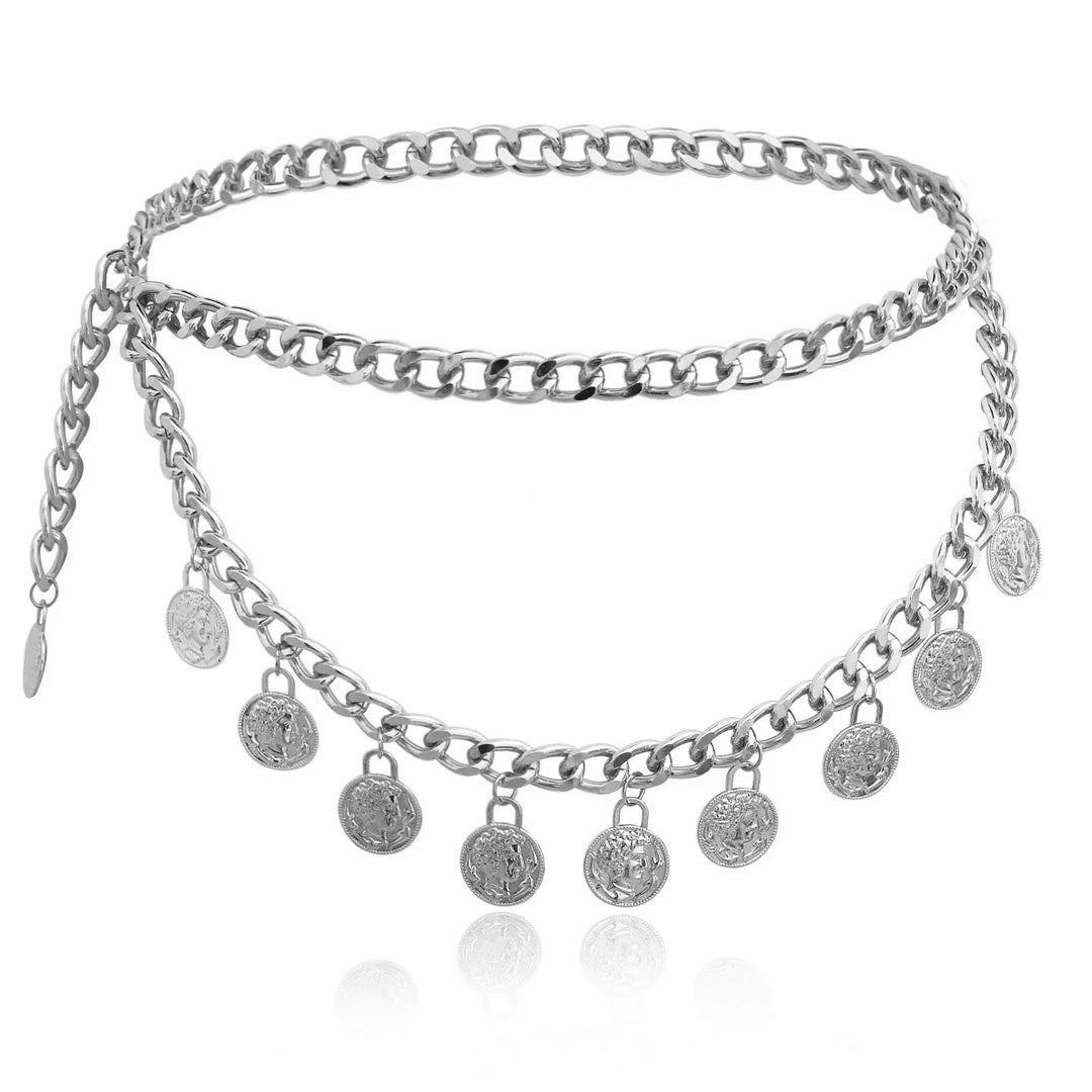 Silver chain necklace with hanging round coin charms on white background