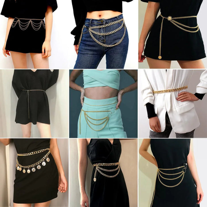 Women modeling a variety of gold chain belts styled with black dresses, jeans, and pastel outfits