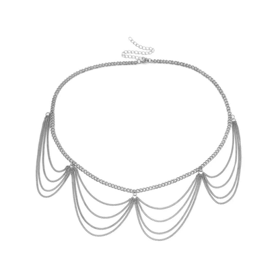 silver choker necklace with layered chain drapes and adjustable clasp on white background
