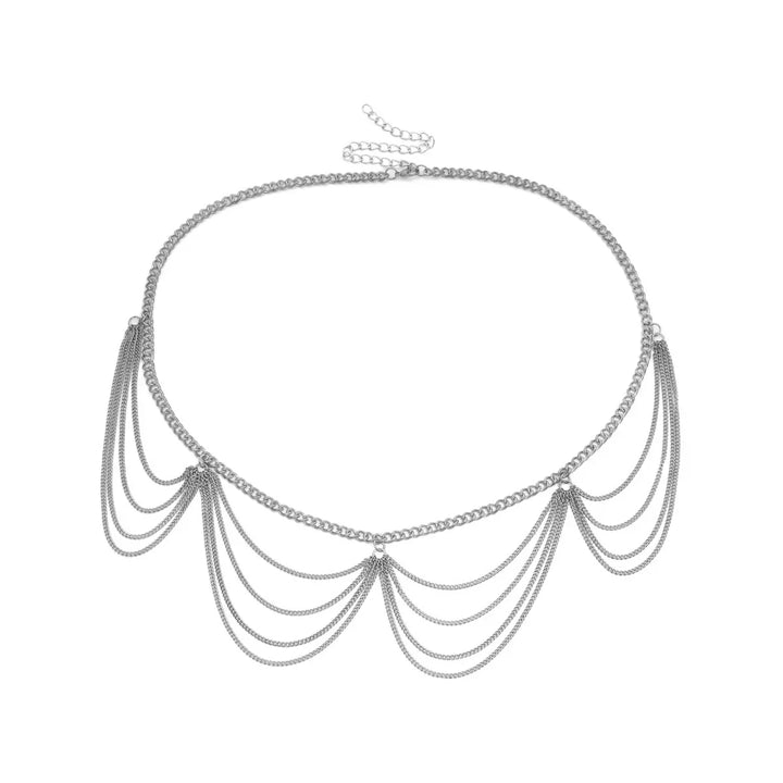 silver choker necklace with layered chain drapes and adjustable clasp on white background