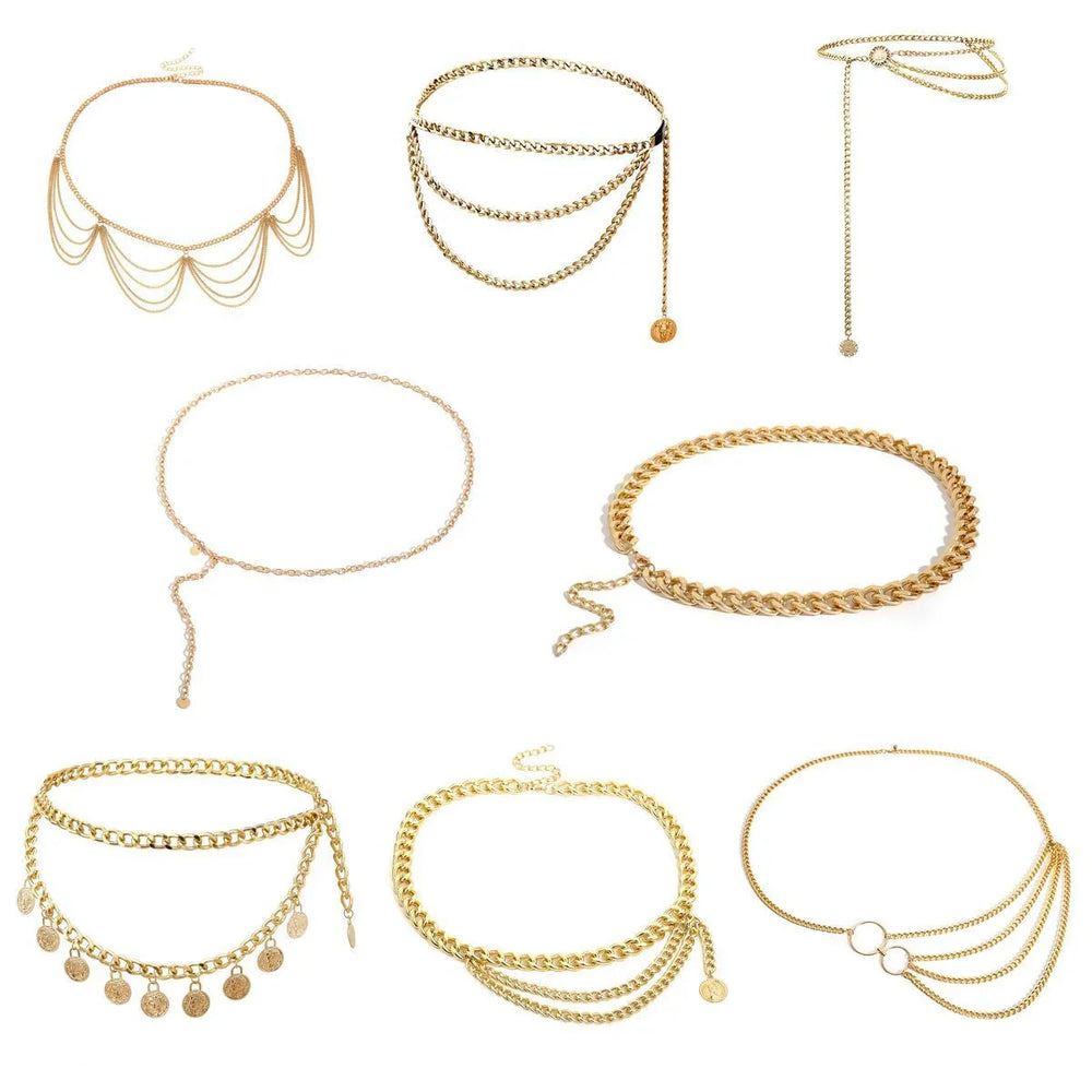 Collection of eight stylish gold chain necklaces with varied designs and charms on white background