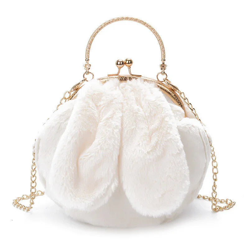 White fluffy bunny ear handbag with gold chain strap and vintage clasp handle