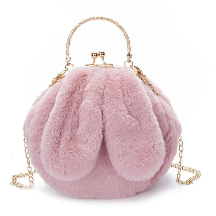 Pink plush bunny ears handbag with gold chain strap and clasp closure