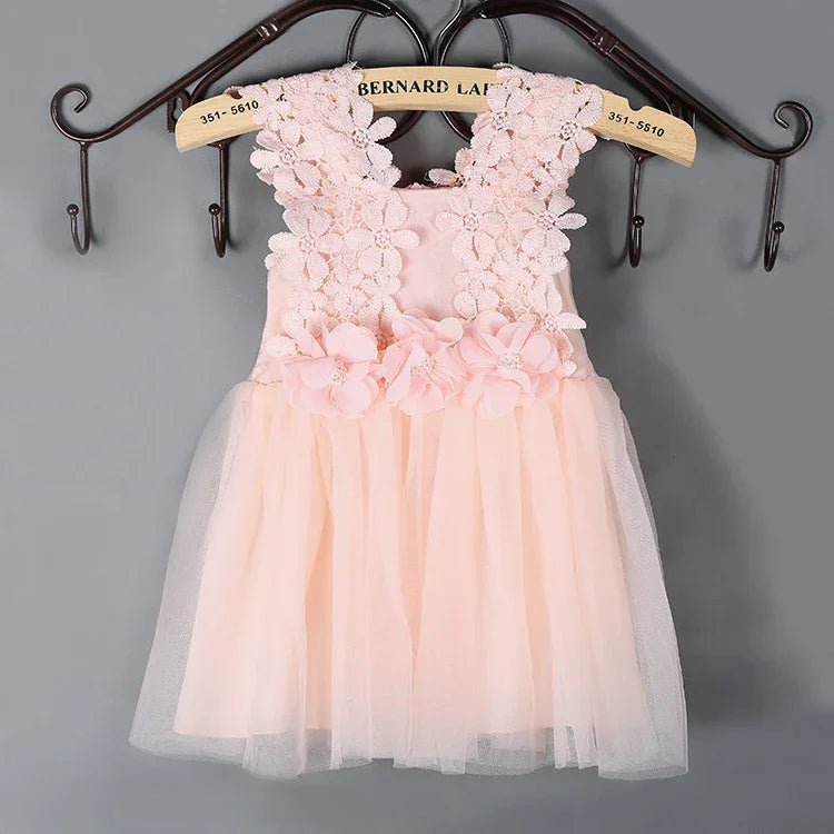 Pink sleeveless baby dress with floral lace bodice and tulle skirt, hanging on wooden hanger