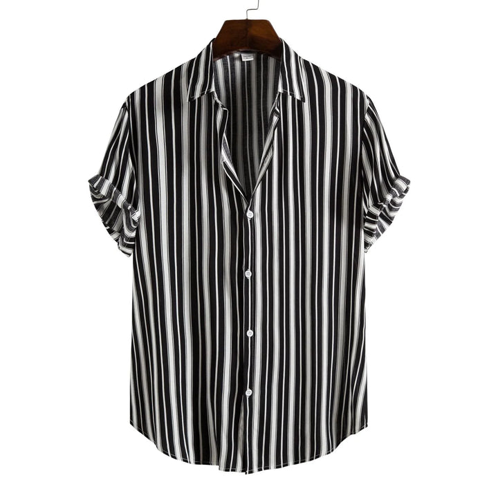 Black and white vertical striped short sleeve button-up shirt on wooden hanger