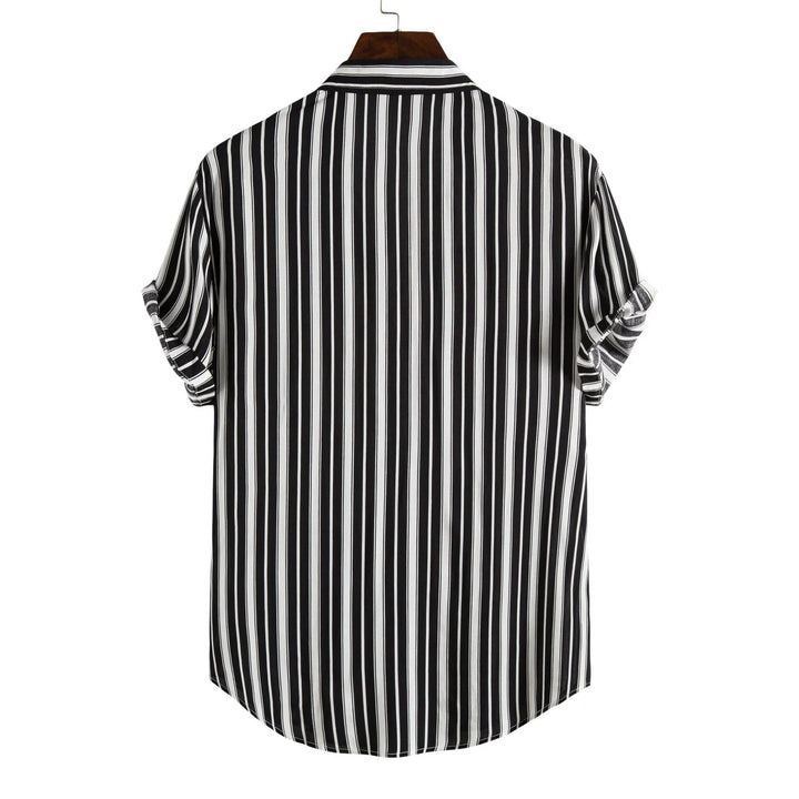 Back view of a black and white vertical striped short sleeve shirt on wooden hanger