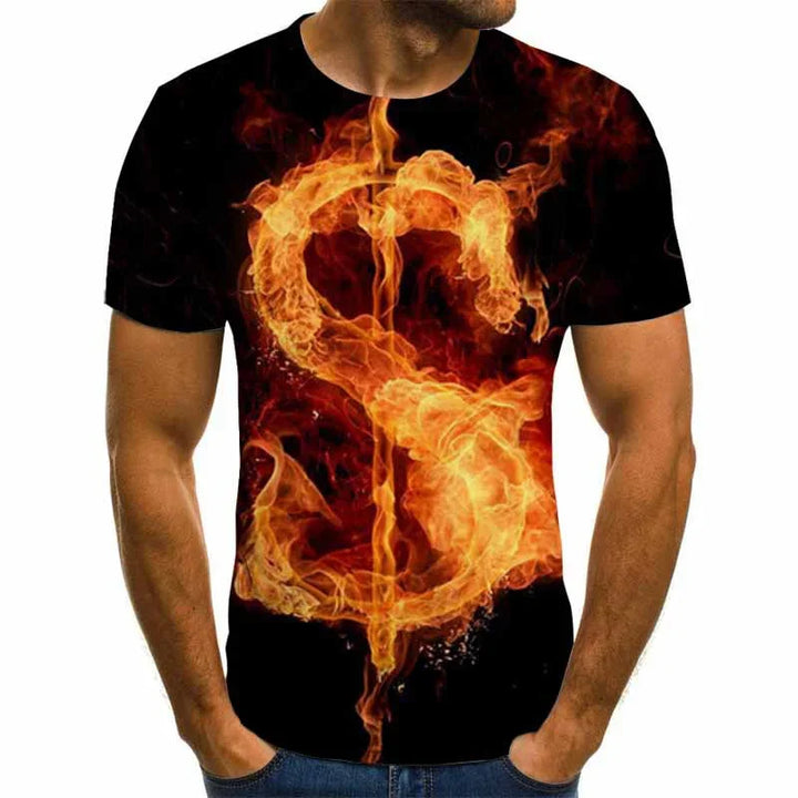 Men's black T-shirt with fiery dollar sign graphic design on front