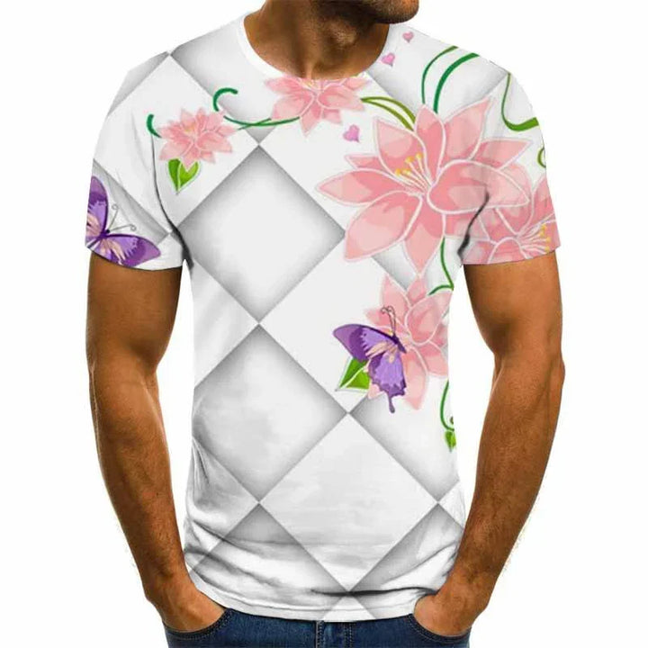 Men's white t-shirt with pink floral and purple butterfly patterns on geometric background