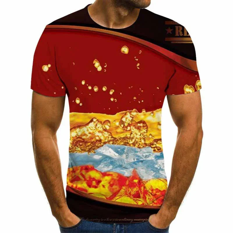 Men's short sleeve t-shirt with colorful red, yellow, and blue abstract liquid splash design