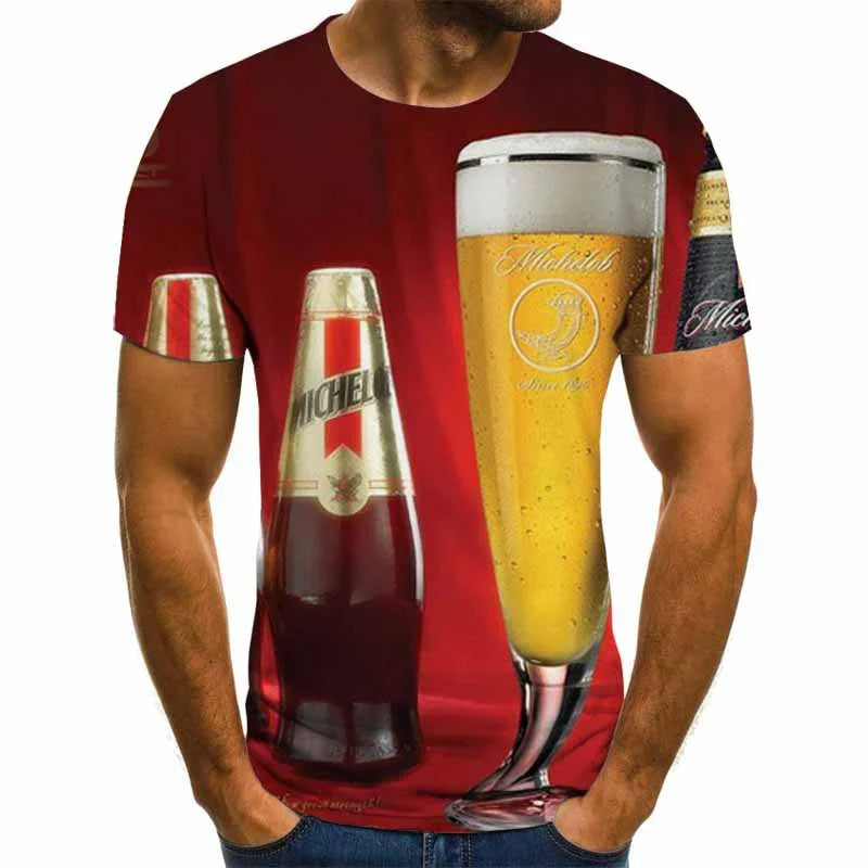 Man wearing red T-shirt with large Michelob beer bottle and frosty beer glass print