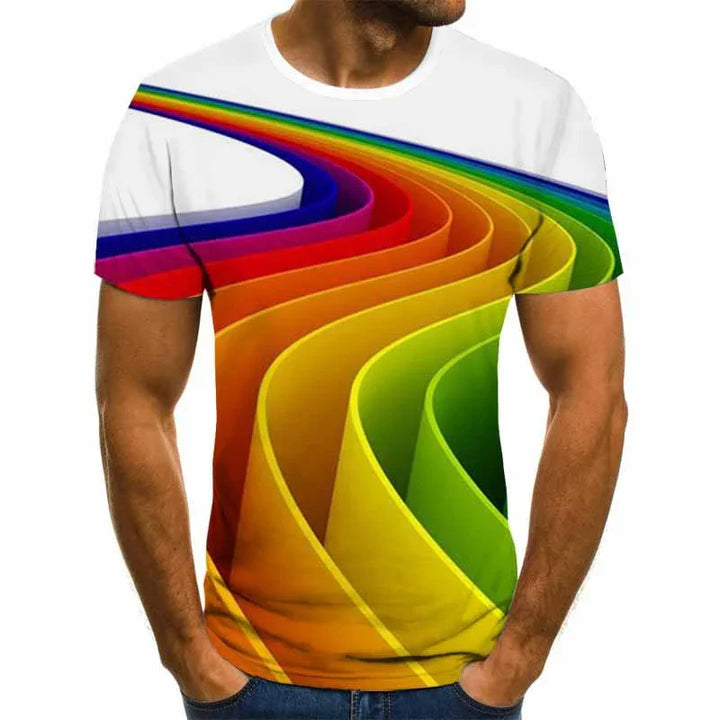 Men's white t-shirt with vibrant 3D rainbow swirl design in curved bands across front