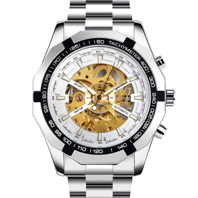 Silver automatic sport watch with gold skeleton dial and tachymeter bezel on metal bracelet