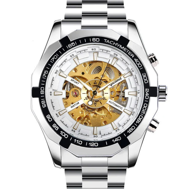 Silver automatic sport watch with gold skeleton dial and tachymeter bezel on metal bracelet